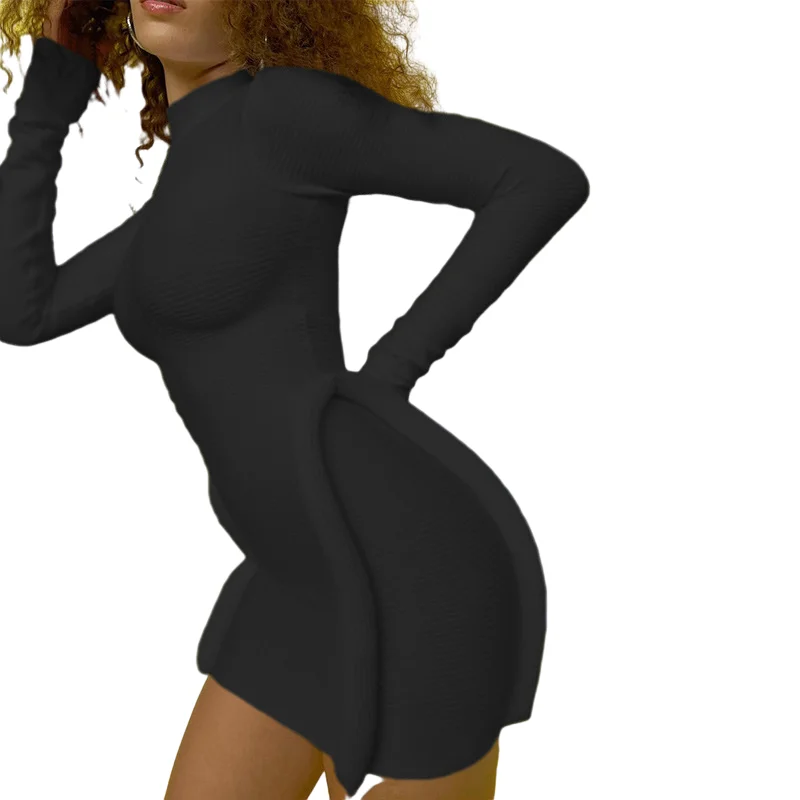 Knitted Stitching Mini Dress Women Hipster Skinny Three-dimensional Decoration Long Sleeve Turtleneck Streetwear Bodycon Dress