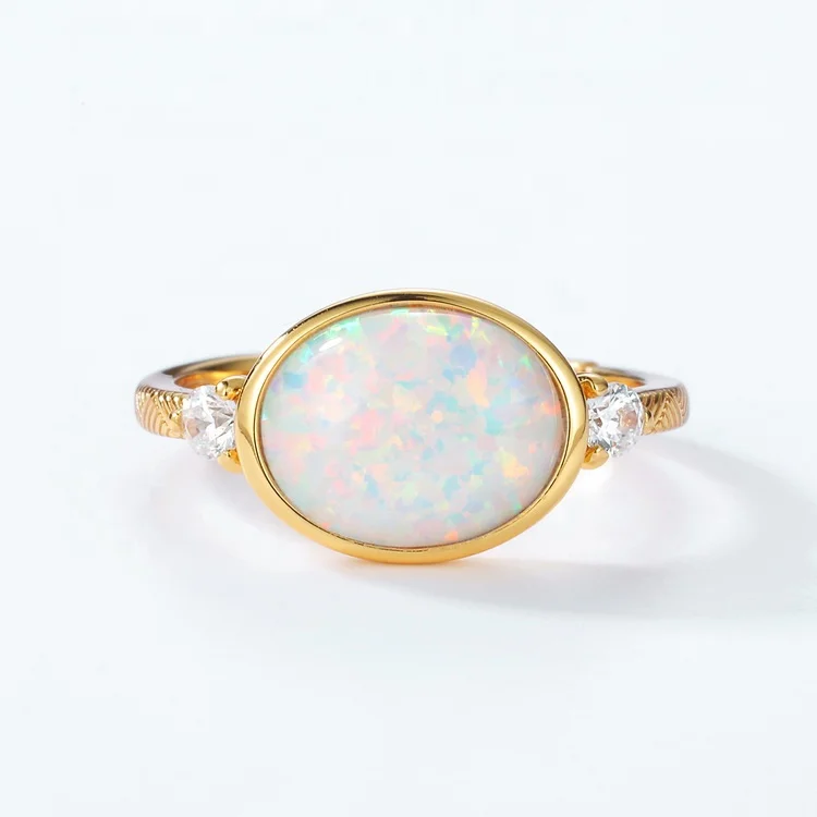 Hot Sale Oval Synthetic Opal Female Ring Yellow Gold Plated 925 Silver Design Ring Jewelry