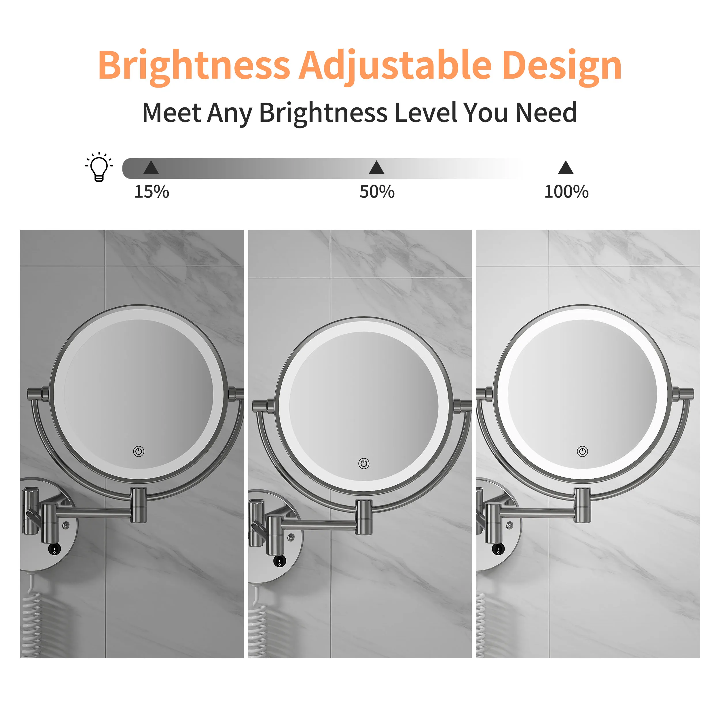 Round Extended Arm 360 Rotation Cosmetic Metal With Led Light Lighted Vanity 8 Inch Wall Mounted Makeup Mirror