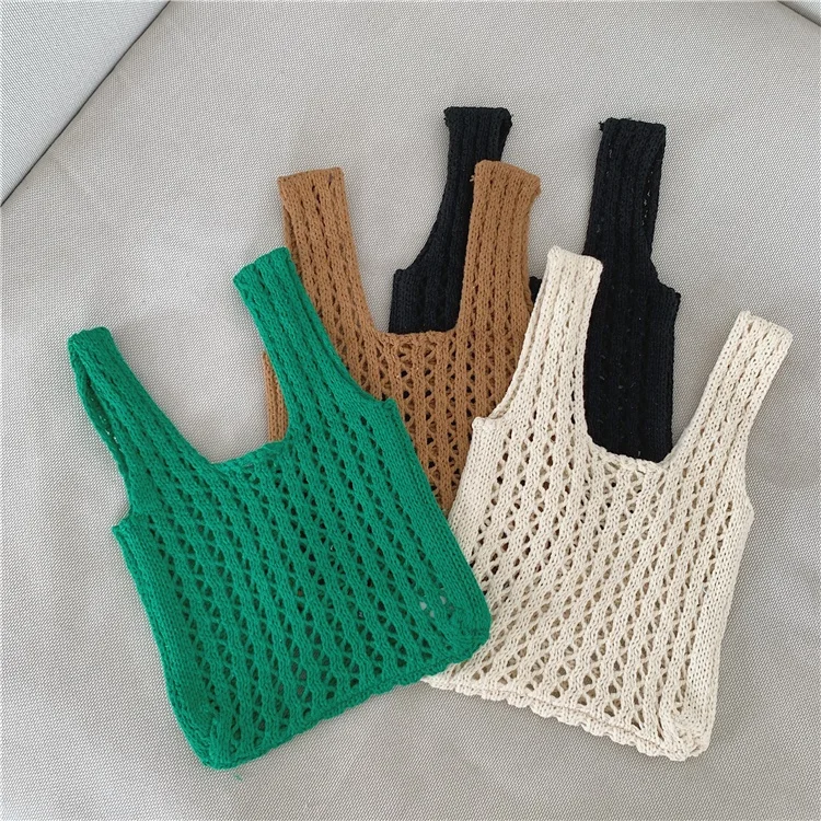 Wholesale Fashion Soft Cotton Thread Braid Women Tote Handbags Specially Designed Knit Embroidered Hollowed-Out Female Hand Bags