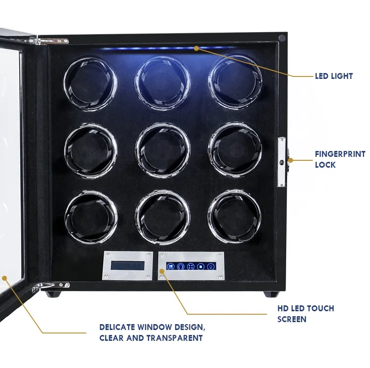 Smart Fingerprint 4 6 9 Rotating Watch Case Manufacturer Luxury Black Watch Winder Automatic Storage Box for Rolex Watches Men