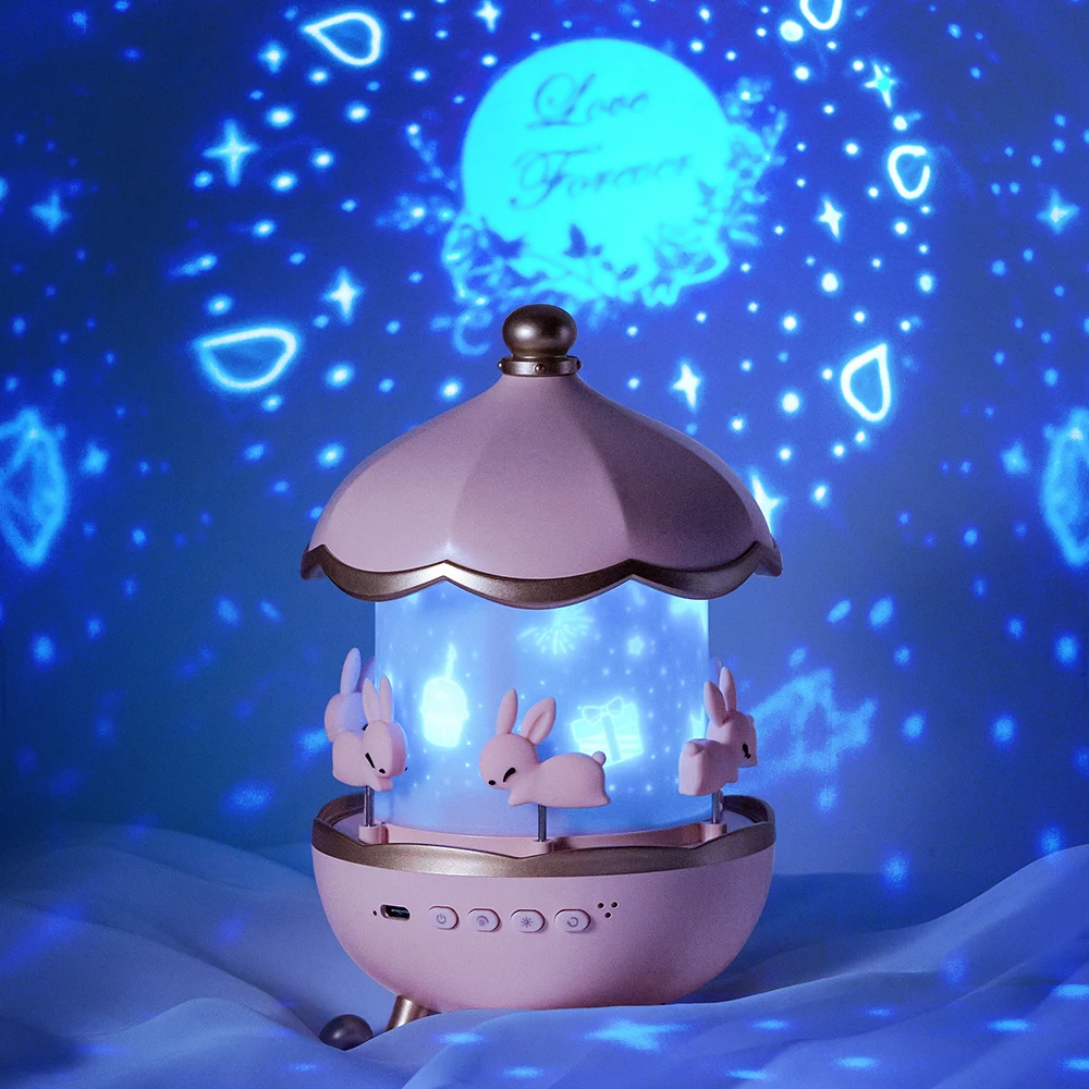 Colorful Changing Star Projection Cartoon Night Light Desk Lamp Rotating Rabbit Music Lamp Creative Starry Sky Projection Light