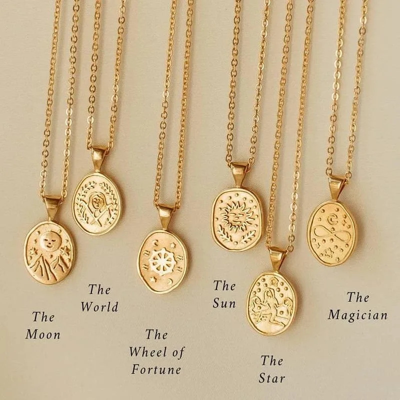 N1948  Waterproof Round Star Moon Sun Collar Necklaces For Women 18K Gold Plated Stainless Steel Tarot Cards Pendant Necklace