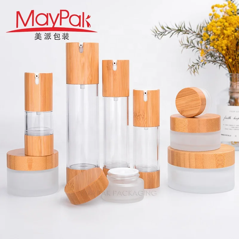 1oz 2oz 4oz 8oz 16oz 32oz 64oz bamboo cosmetic bottle packaging jar with bamboo lid wholesale glass bamboo jar pump sprayer