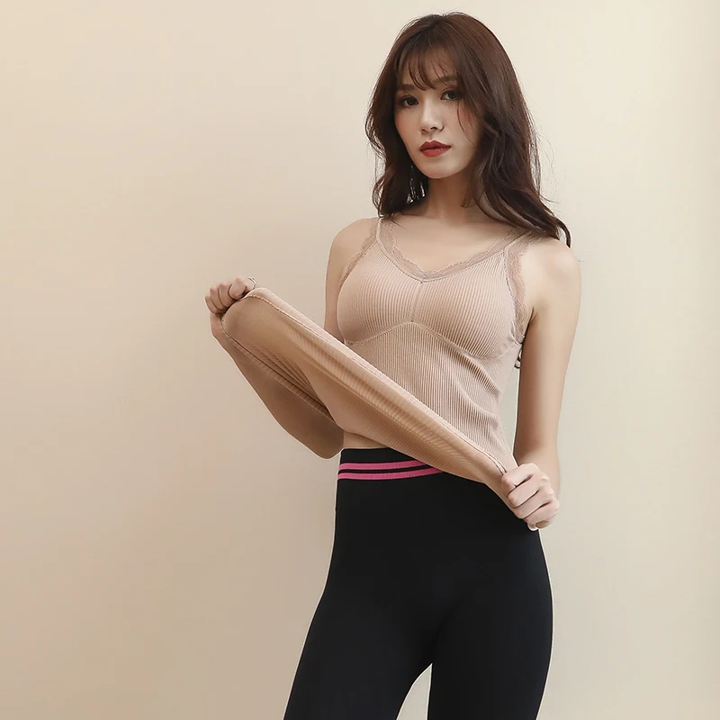 Seamless Nylon Spandex v-neck padded camisole with built in bra vest and tanktop with pad