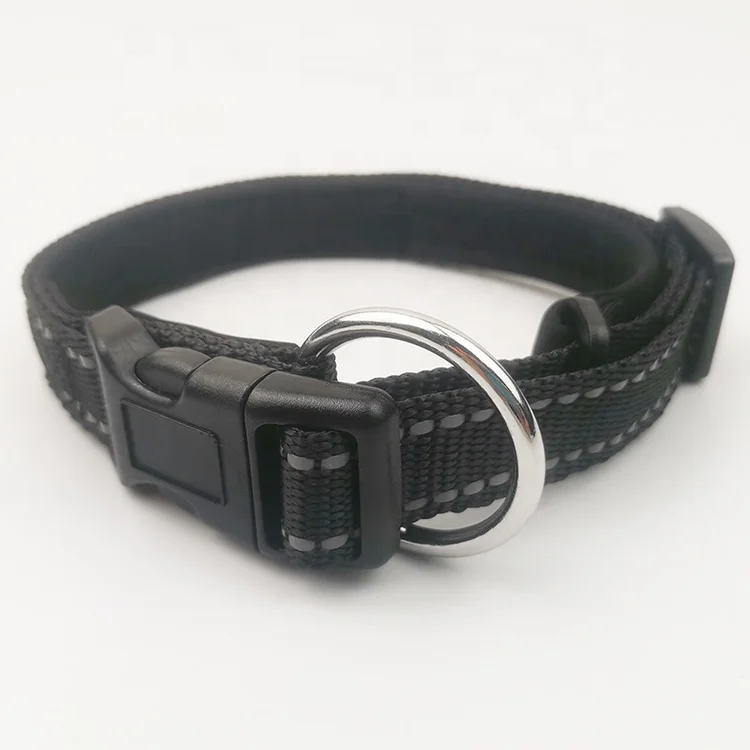 O Ring Design Reflective Adjustable Black Nylon Webbing Dog Collar with Soft Neoprene Padding