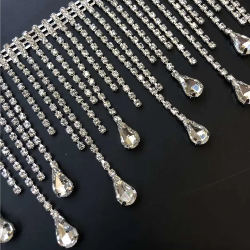 JFRT028 OEM Customized Welding Claw Crafts Crystal Rhinestone Fringe Trim Silver Long Tassel Garment Accessories