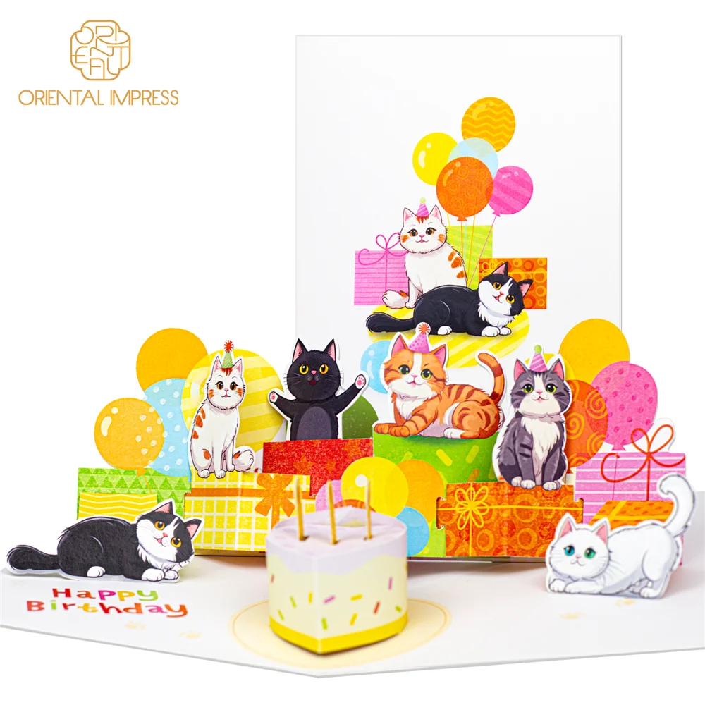 Lovely 3D Birthday Cake Cards Pop Up Cats Happy Birthday Card with Envelope