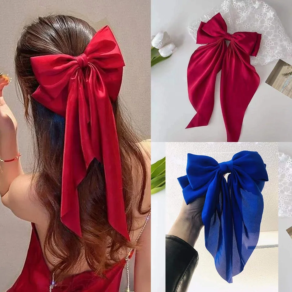 korean Sweet Cute XXL Big Solid Color barrette Butterfly Hair Bows Knot Long Tassel Hair Clips