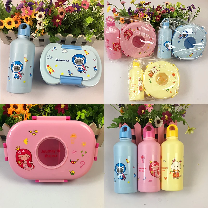 Wholesale Children Cartoon Design Plastic Bento Lunch Box Kids Lunch Box Set With Water Bottle