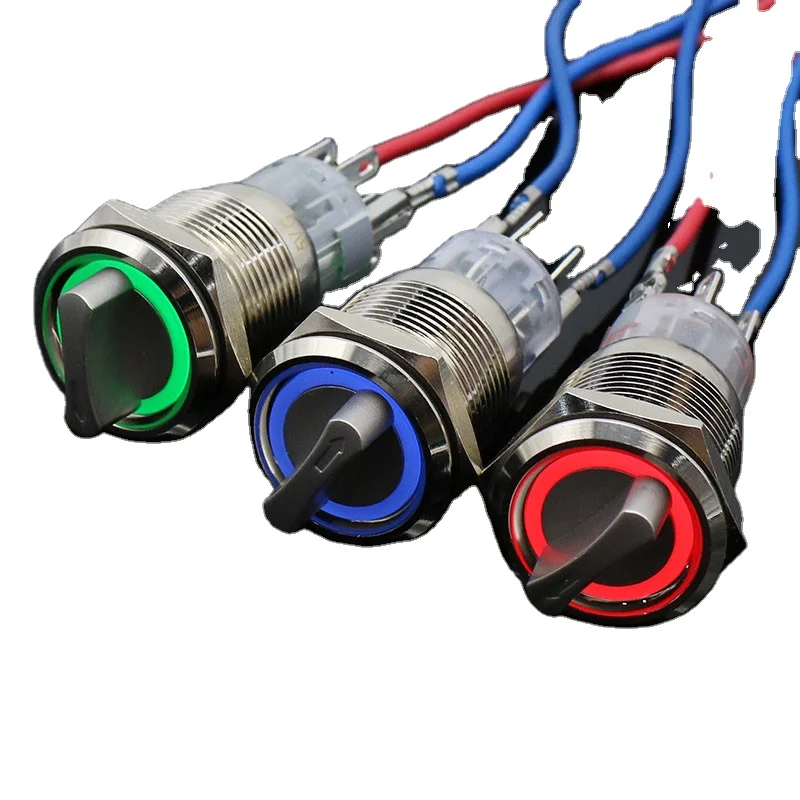 19mm Self-return Momentary Self-locking Fixation Waterproof DPDT Illuminated Metal Selector Rotary Switch 2/3 Position with LED