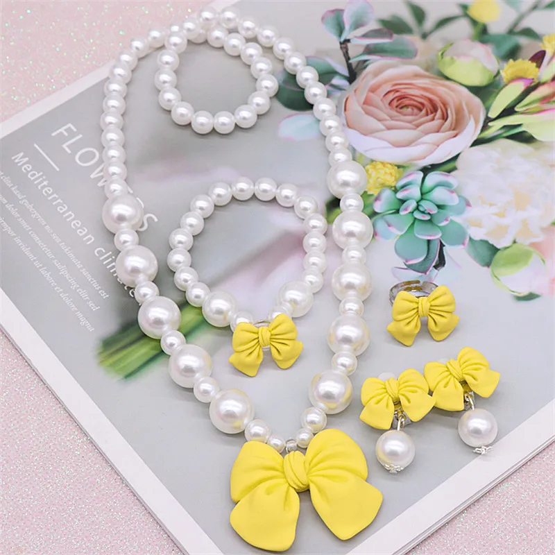 Kids Beaded Pearl Necklace and Bracelet 3 Sets Little Girls Jewelry Necklace with Earring Ring 5pcs Set  Pearl Necklace for Baby