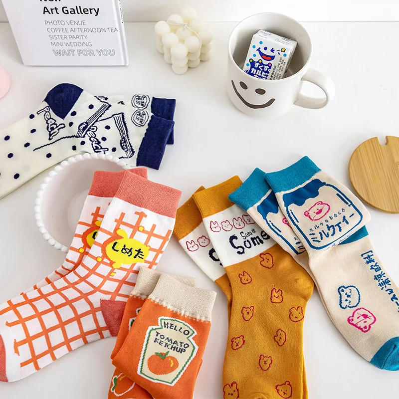 Socks female Korean spring and summer tube socks Harajuku style ins tassel cute Korean Japanese cartoon illustration student soc