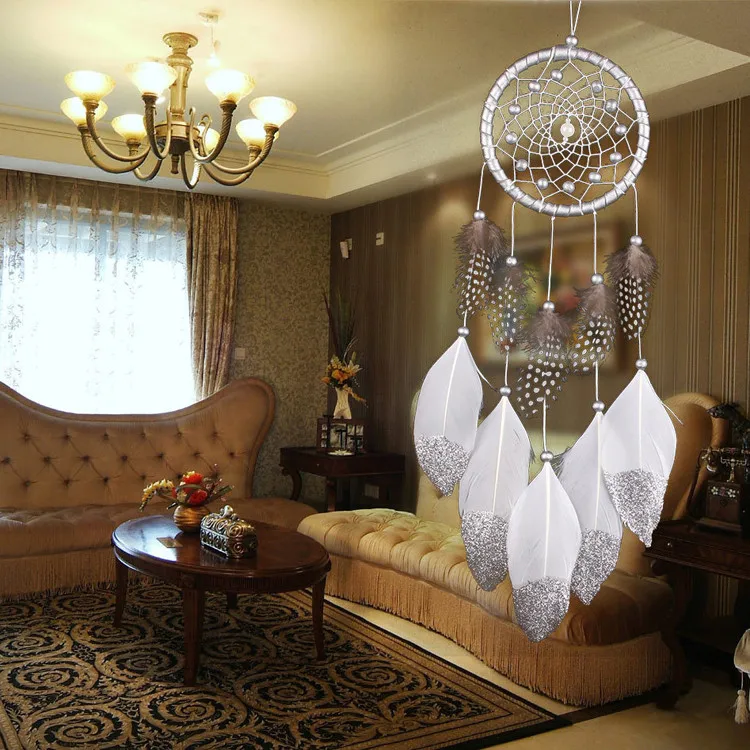 11cm Silver Glitter Feather Dream Catcher for Home Decoration Wholesale White Dream Catcher Decoration