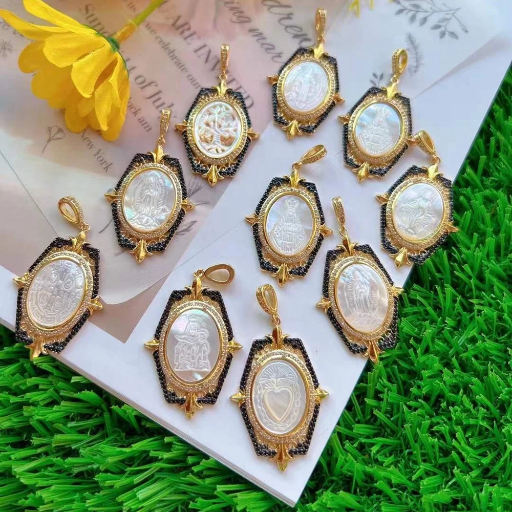 Natural Shell Gold Plated CZ Pave Mother Of Religious Virgin Mary Pendant Medal Shell Pendant Charms For Jewelry Making Necklace
