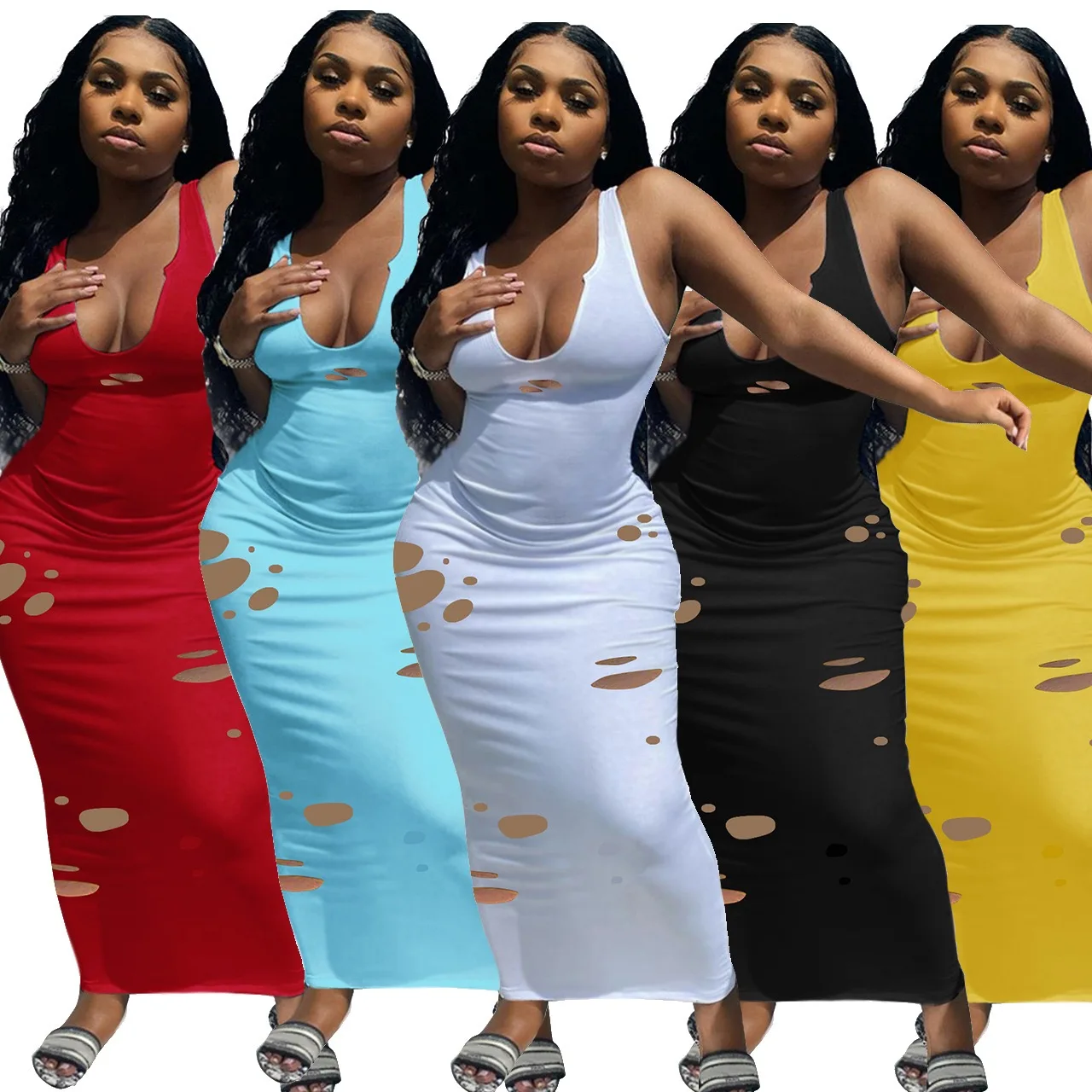 2021 trendy high quality sleeveless bodycon midi dress women sexy hollow out summer sundresses solid color