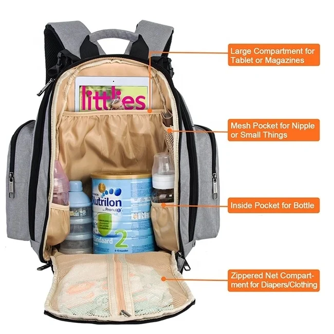 Anti theft maternity baby nappy backpack changing bag with insulated pocket and stroller straps