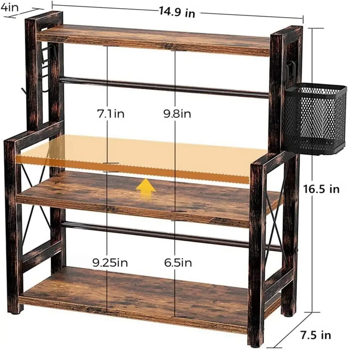 QJMAX 3-Tier Counter Shelf Spice Rack Desktop Organizer With Wire Basket Engineered Wood