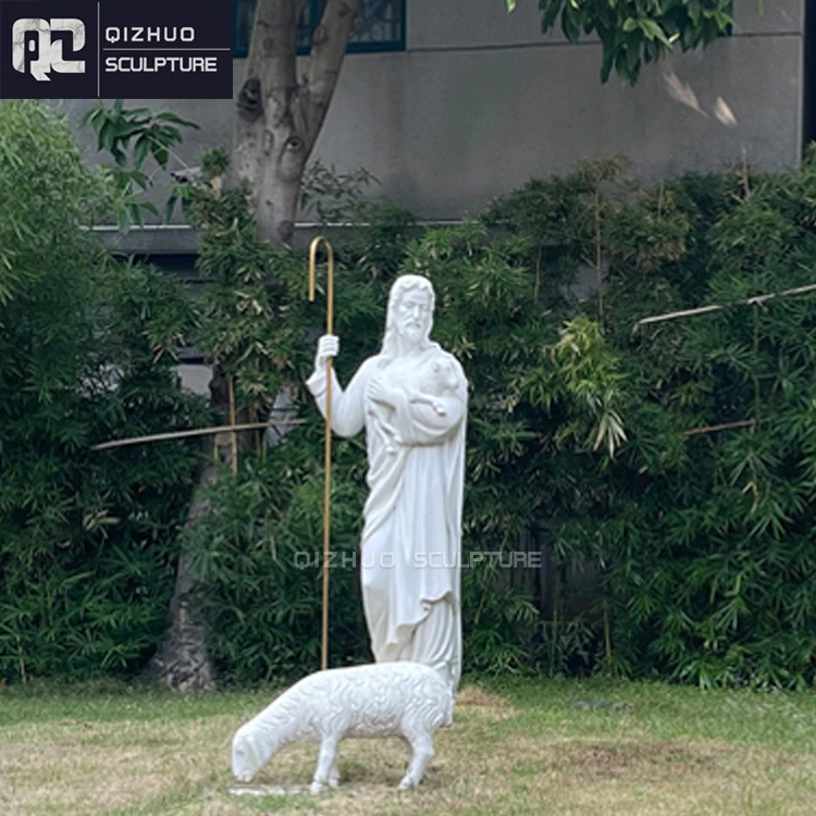 Life Size Outdoor Home Catholic Stone Religious White Marble Jesus Statue Christ Statue with Sheep