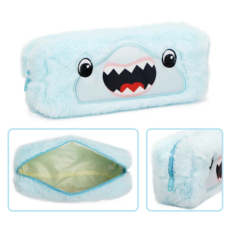 Hot Selling Custom Design Large Capacity Pouch Soft Plush Kawaii Shark Pattern School Pencil Case