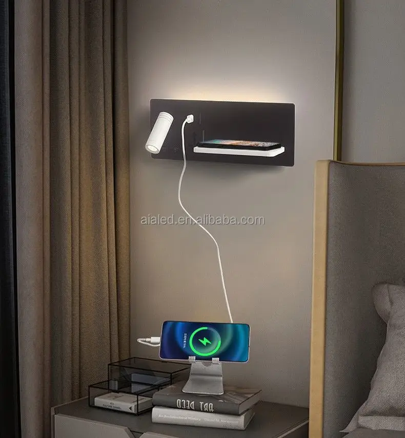 Multifunctional hotel home villa apartment reading wall lamp USB Type-C wireless charger socket bedside light bedroom lamp