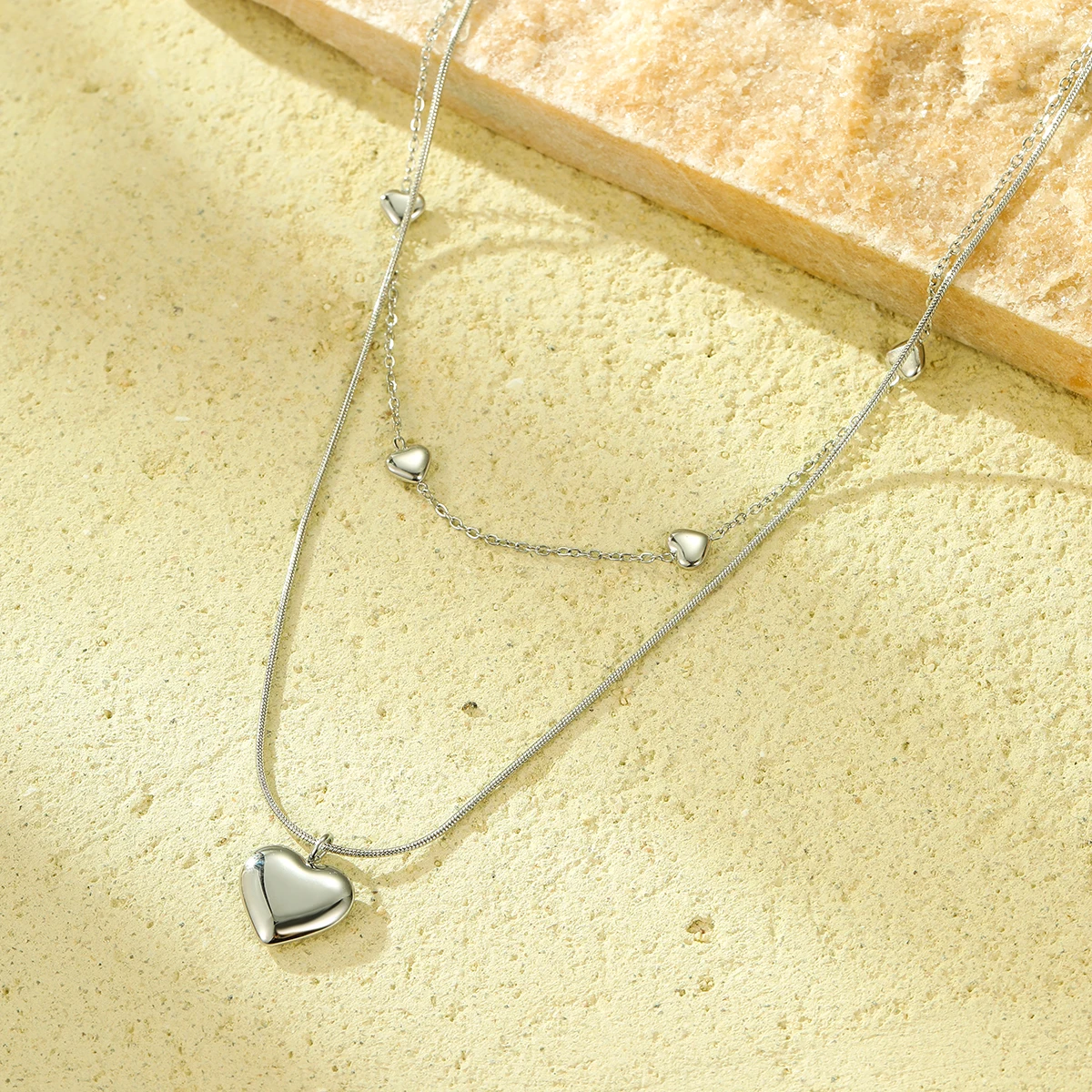 fashion small heart pendants jewelry double layer snake chain necklaces stainless steel non tarnish necklace INS hot sale