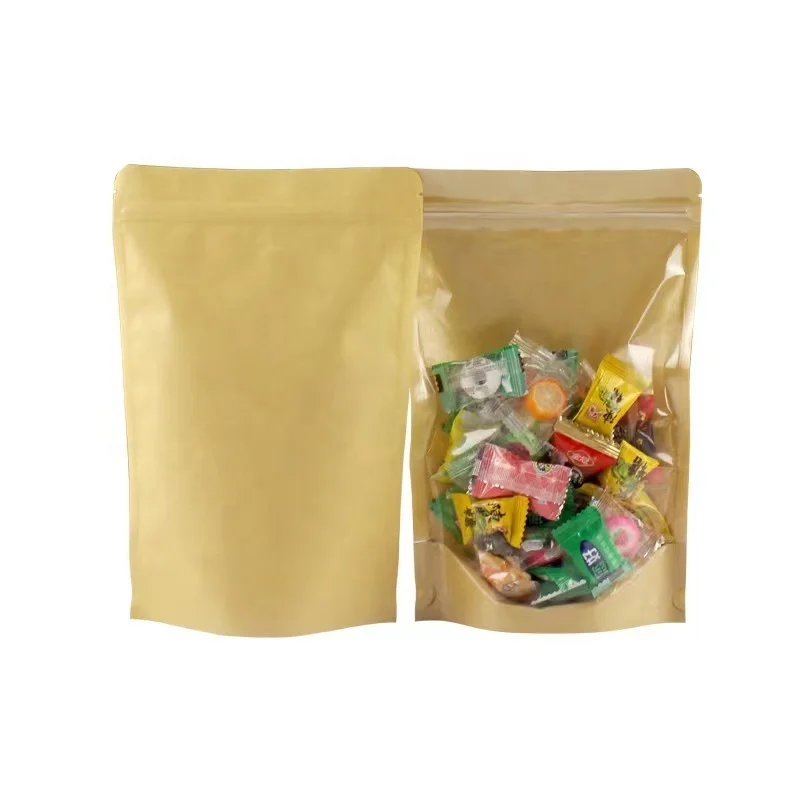 Ready To Ship Doypack Resealable Ziplock Brown Craft Paper Standing Up Pouches Mylar Kraft Paper Bags With Window