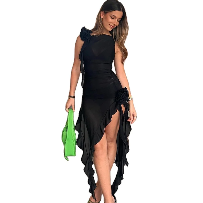 Новое поступление 2023, женское облегающее платье без рукавов с оборками, сексуальное Сетчатое 3d кружево с 3d цветами для французского свадебного платья