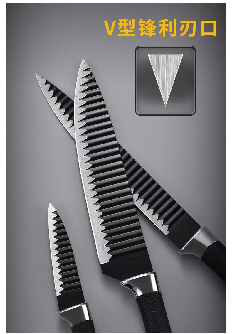 Wholesale Price Black wavy six-piece knife set 238A stainless steel kitchen knife set foreign trade color box gift box