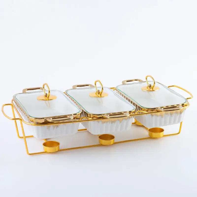 High Quality Wholesale Bake Ceramic 3 Piece Chaffing Set Chafing Dish Casseroles Hot Pot Food Warmer Sets of Porcelain
