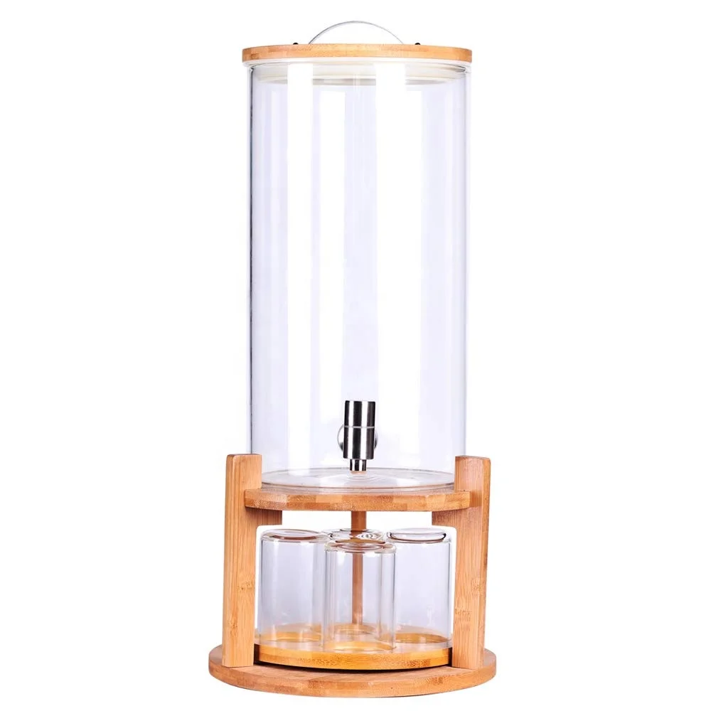 Borosilicate Glass Drink Dispenser on Wooden Stand with Airtight Bamboo Lid and Stainless Steel Spigot