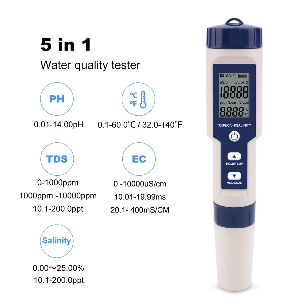 Multi-functions 5 in 1 pH TDS Ec Salinity Temp. Water Quality Tester Ez9909 LCD Screen with backlight from China factory cheap