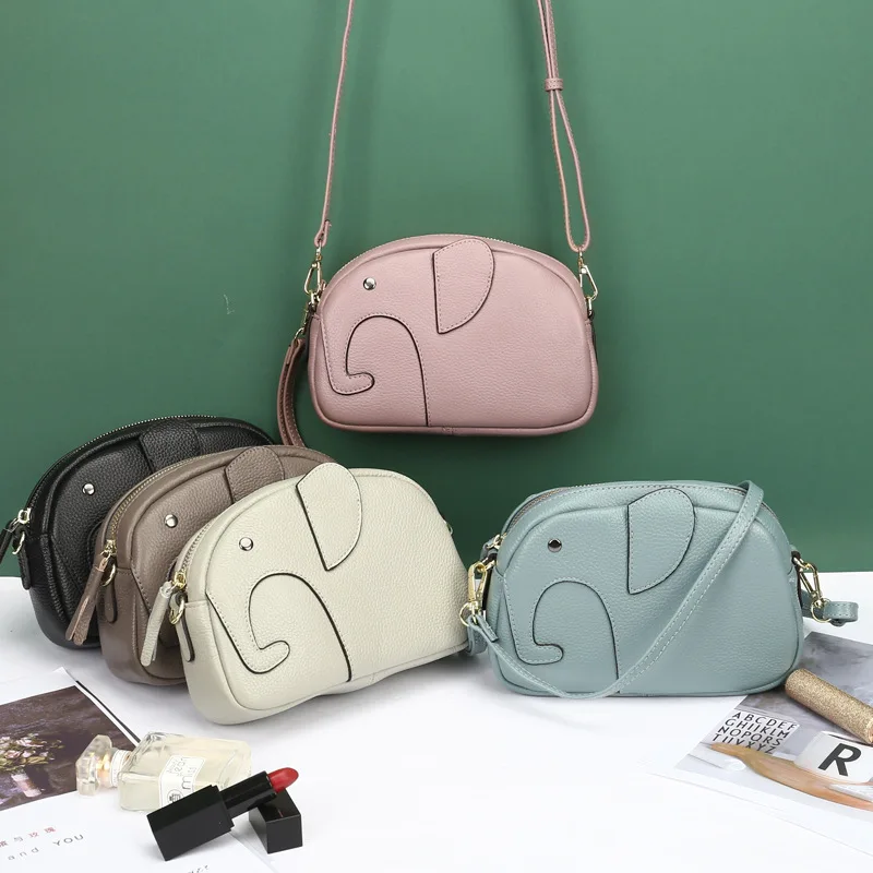 Korean Lichee Pattern Cute Elephant Phone Wallet Genuine Leather Crossbody Bag for Girls