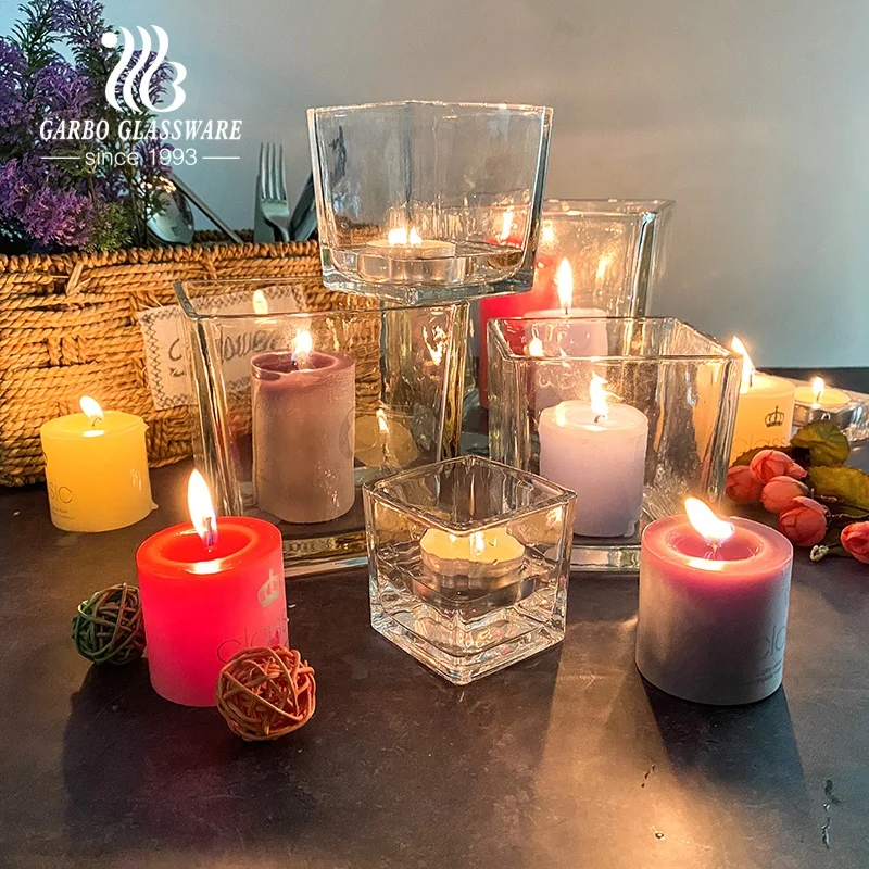 Classic hot sale candy jar Square Wholesale glass candle holders clear candle jar with lid for candle making decorated home