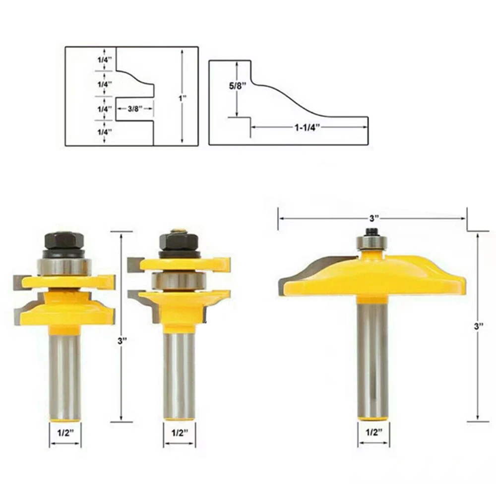 Поднятая панель для вырезания гребней и 1/2in хвостовик двери шкафа деревообрабатывающие фрезы 3 предмета в комплекте
