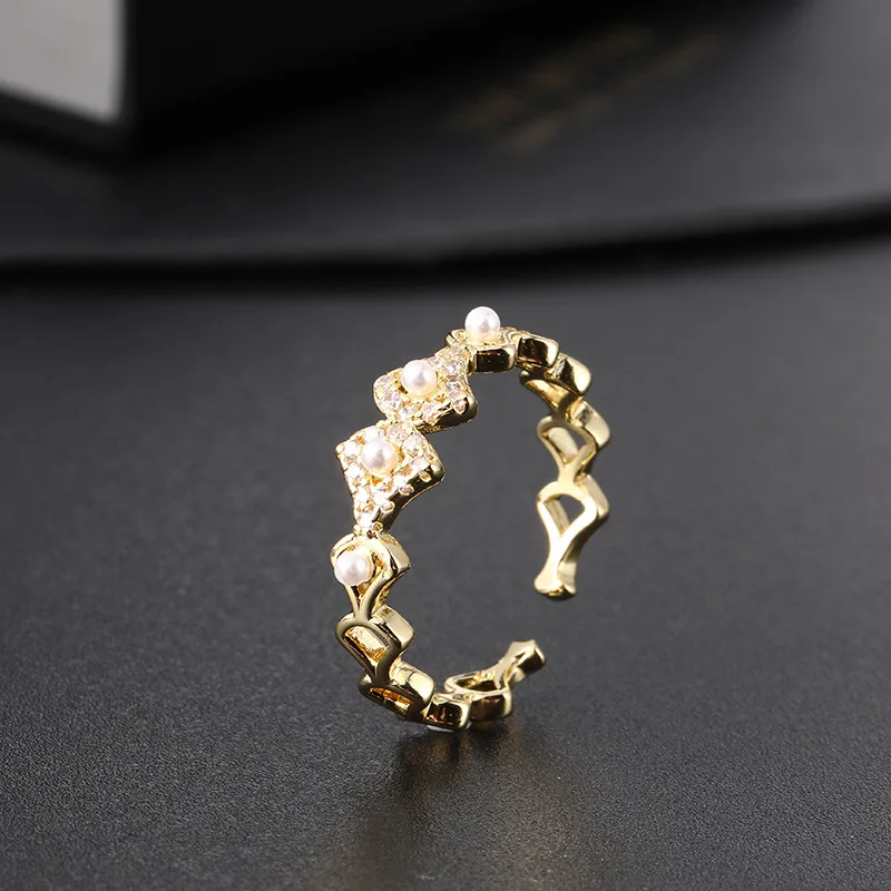 Light luxury retro fashion index finger ring geometric open tail 22K real gold plated pearl ring