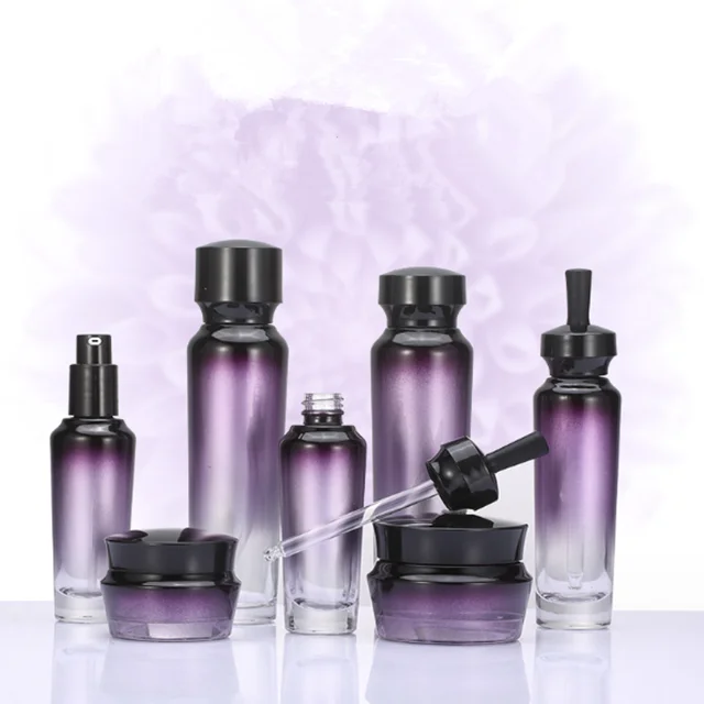 1oz 2oz 3oz 4oz Unique Gradient Purple Big Dropper Bottle Set Empty Bottle Glass Face Cream Serum Jar