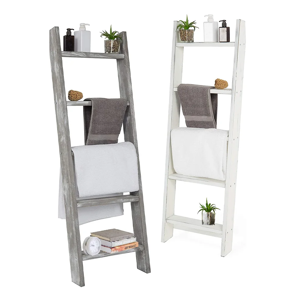 Wood Blanket Ladder Wall-Leaning Towel Storage Rack Bathroom Living Room Decorative Shelf Ladder