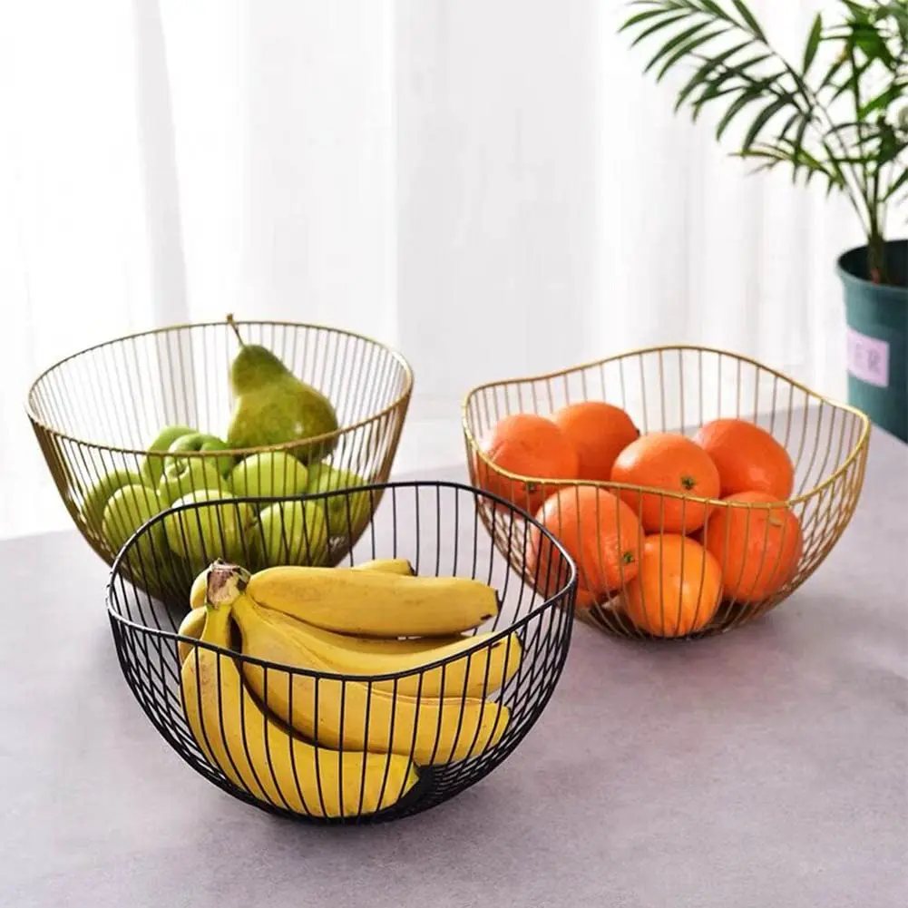Fruit Basket Creative Geometry Countertop Iron Gold Plated Black Vegetable Mesh Metal Bowl Kitchen Storage Wire Fruit Basket
