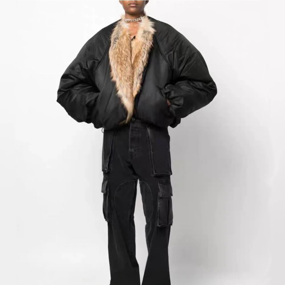 Raccoon Faux Fur Stand Collar Cropped Puffer Jacket Quilted Jackets New Fashion Nylon Duck Down Coat Jackets For Women