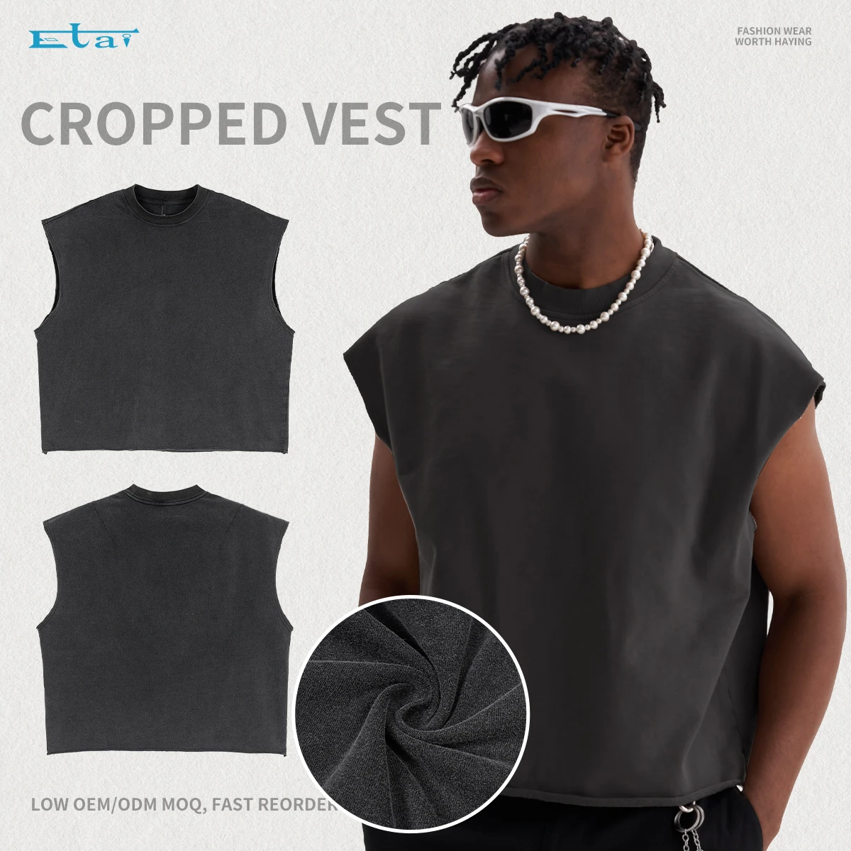 Custom Heavy Weight Crop Vest Cotton Vintage Wash Rib Collar Boxy T Shirt Cut Off Sleeveless Gym Tank Top Men