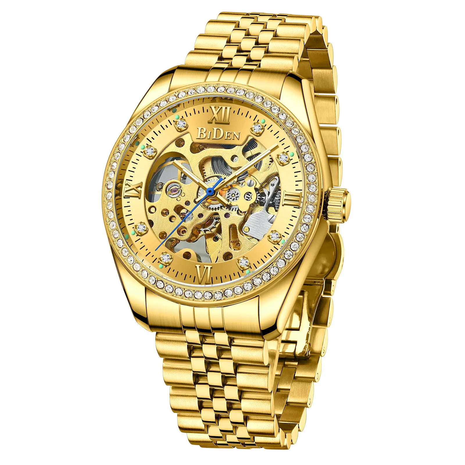BIDEN new arrival luxury diamond skeleton gold stainless steel mechanical watches in wristwatch