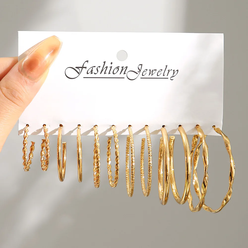 Custom Gold Statement Hoop Earrings C Shape Chain Twisted Loop 6 Pairs Earrings Kit