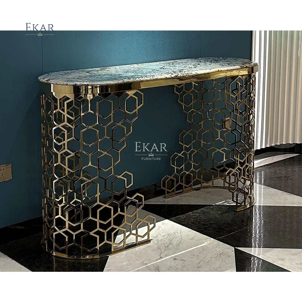 Sassuolo postmodern console table Hollow-carved Designed Hallway Console Table with Marble Top Roman Style Golden Entry Table