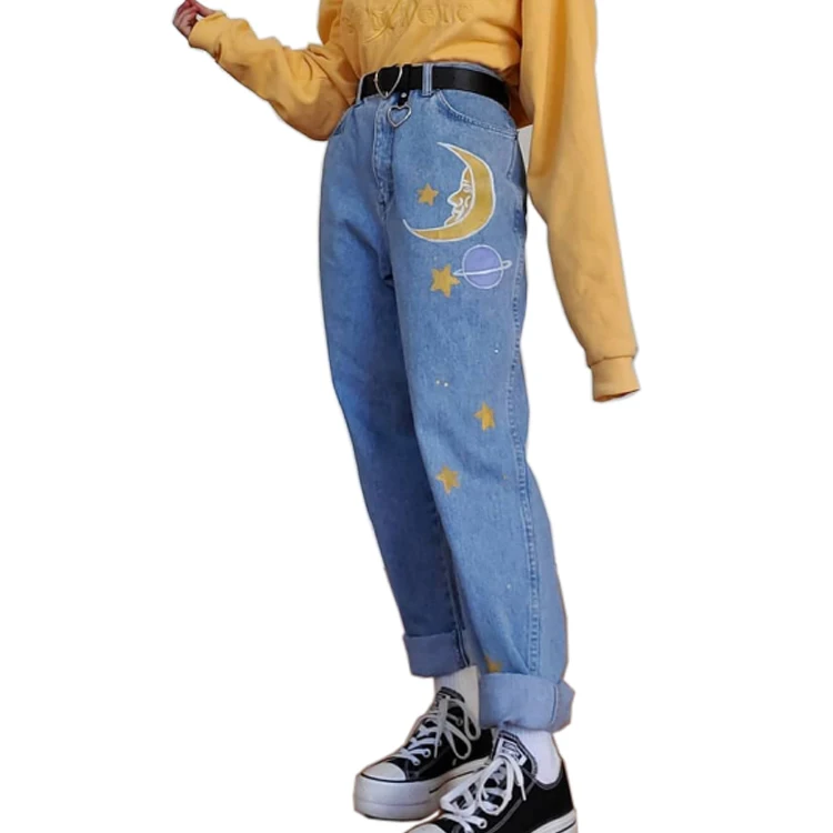 Loose jeans women best selling womens jeans high waist Printed pattern denim pants women pants