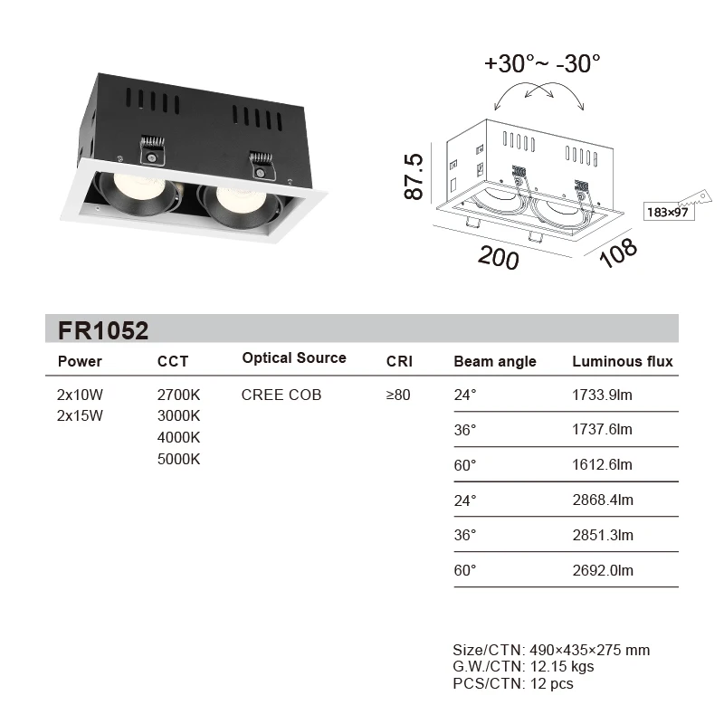5W 7W 10W 12W 15W Square 2 Heads 3 Adjustable Led Cob Grille Light Recessed Downlights Ceiling lighting Dimmable