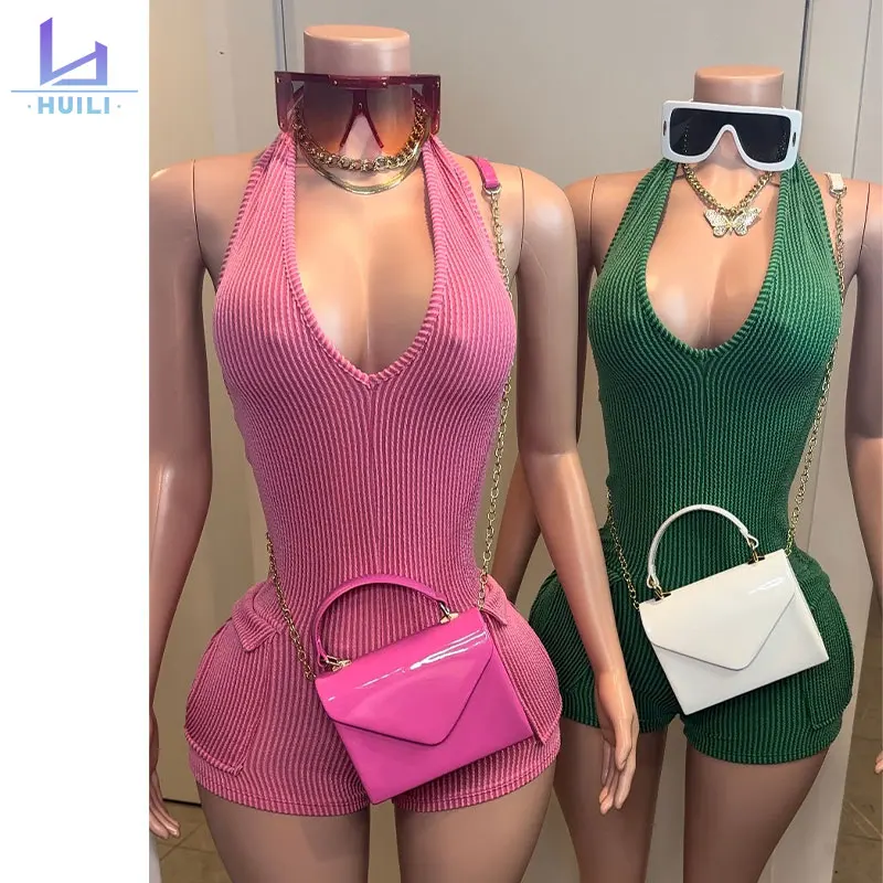 Huili Manufacturer 2024 New Arrivals Stretch Ribbed Knit One Piece Tight Jumpsuits Sleeveless Sexy Backless Bodysuits For Women