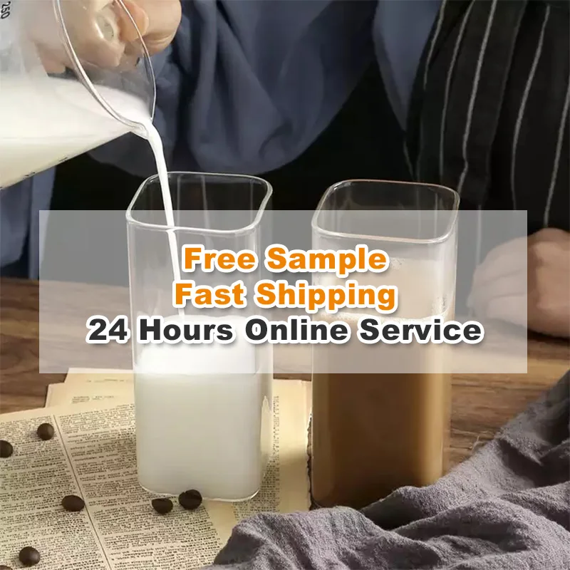 Free Sample custom square glass cup 200ml glass cup set 400ml coffee glasses borosilicate clear glass tea mugs