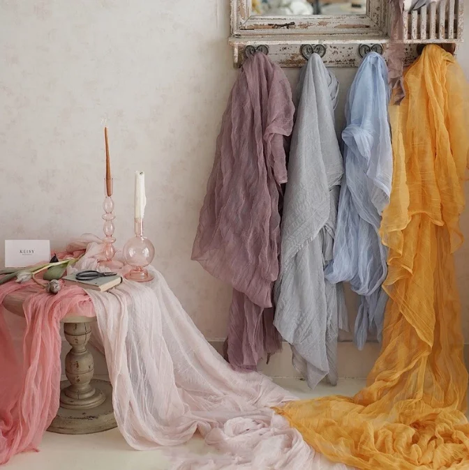 RU111A Rustic burgundy silver grey dusty pink brown purple cheesecloth runner Wedding Party  decoration Gauze Table Runner