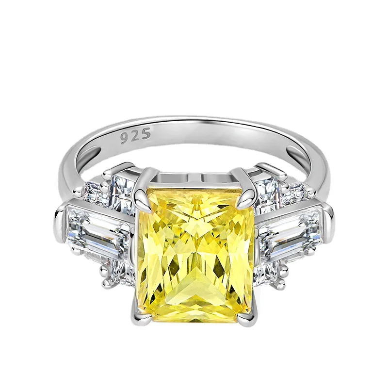 Luxury Radiant Cut Big Lab Grown Yellow Gemstone  Wedding Ring Zircon Platinum Plated 925 Sterling Silver Ring Women